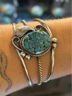Vintage Sterling Silver Turquoise Cuff Bracelet Navajo Statement Southwestern